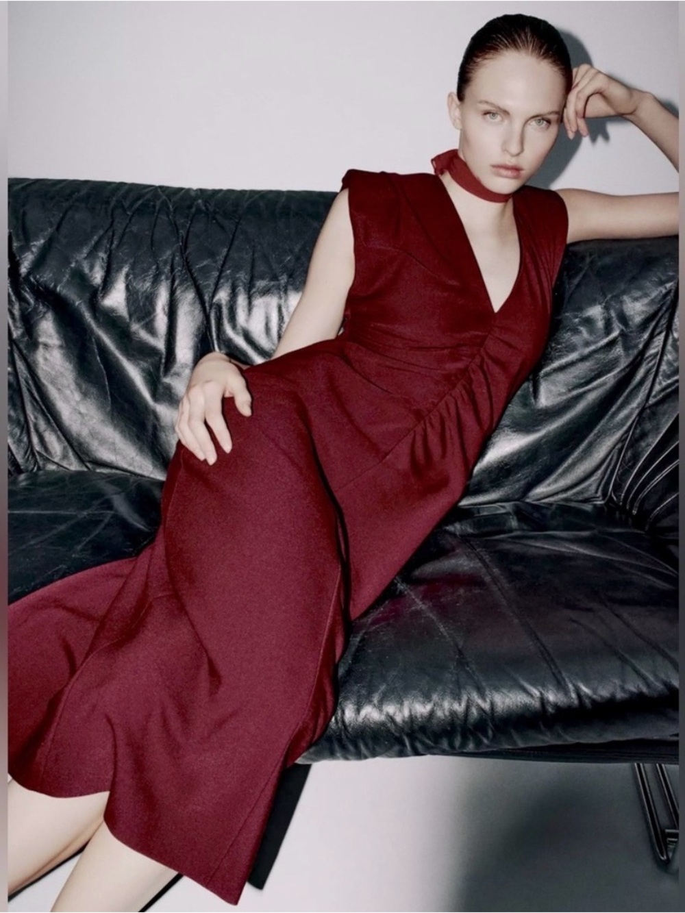 Zara Sleeveless Ruched V-Neck Midi Dress - Deep Burgundy- NWT
